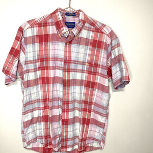 Pendleton Oceanside Short Sleeve Button Down Red Pink Plaid Shirt Size Large